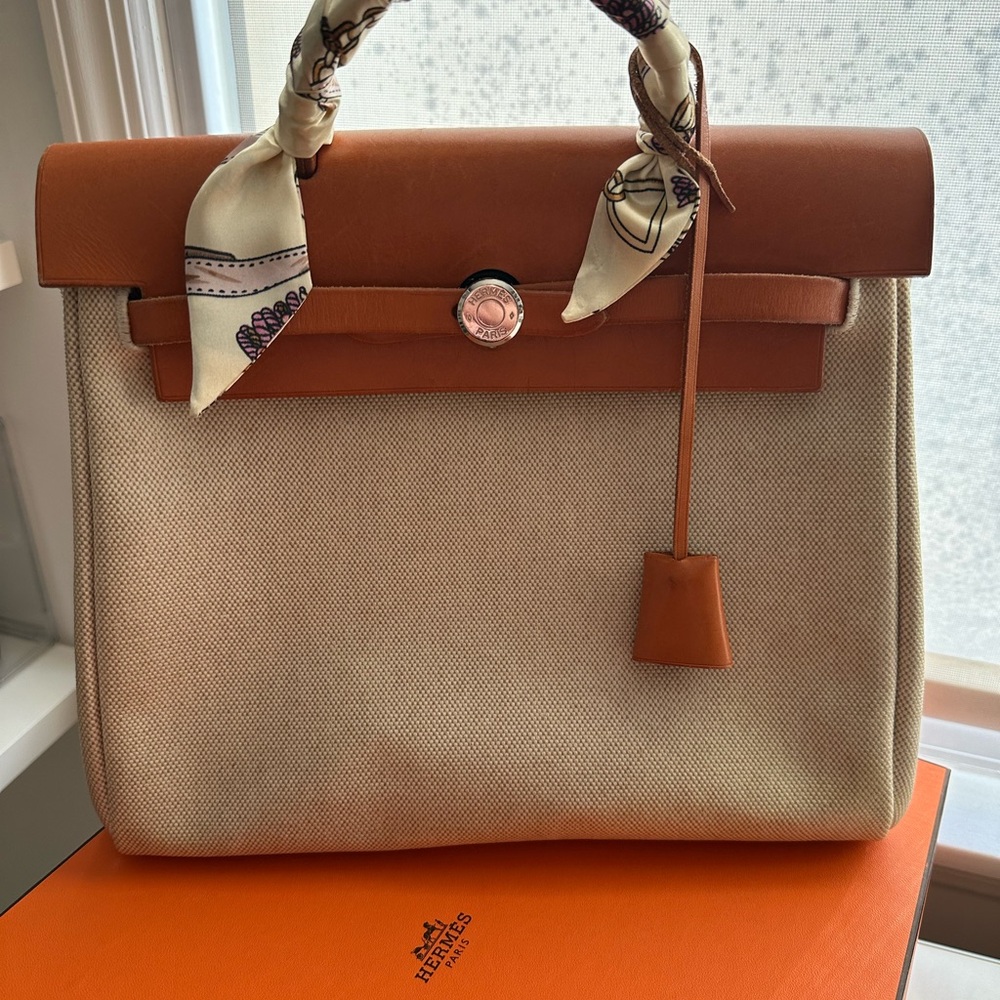 Hermes Tan and Cream 2 way Canvas Top Handle Satchel/Backpack